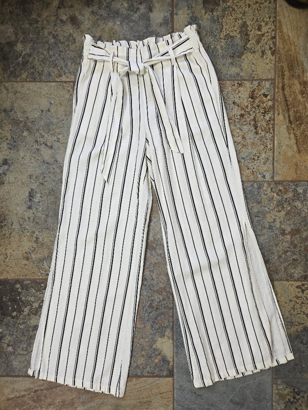 Rewash Brand Size Small White Black Striped Linen Blend Pants Wide Leg Pockets